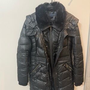 Black French Connection Puffer Coat with Faux Fur Collar